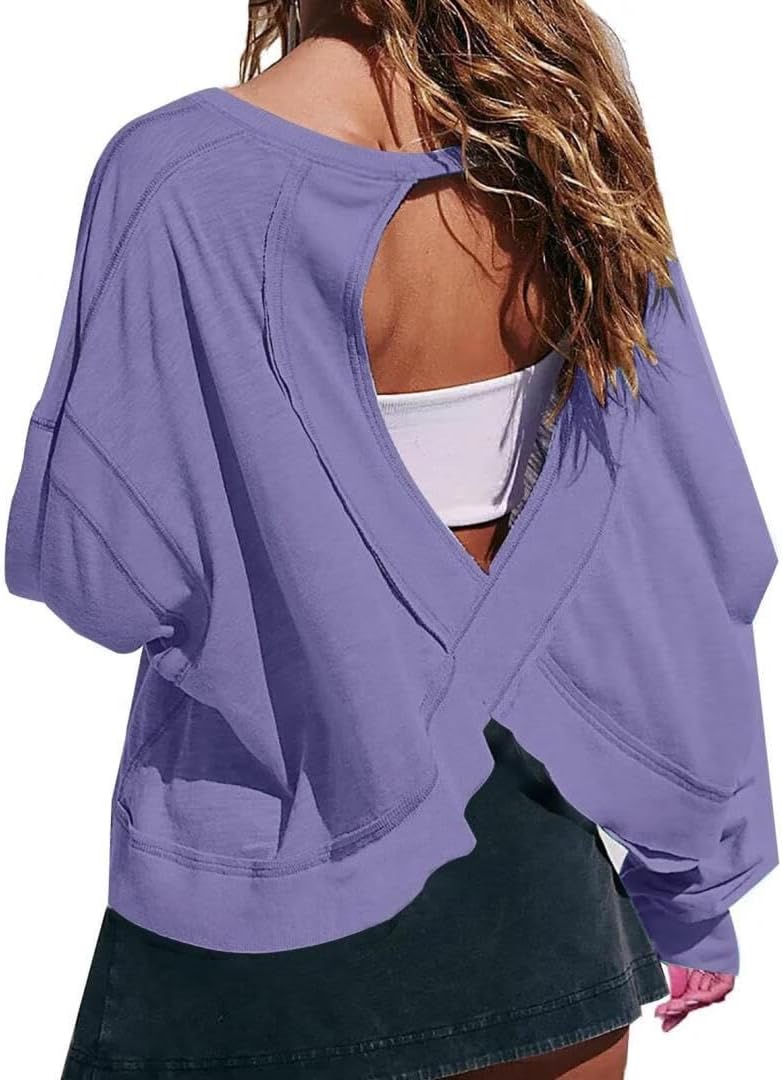 FMCHICO Backless Top for Women Crop Oversized Crewneck Pullovers Casual Loose Long Sleeve Shirts Running Y2k Yoga Outfits
