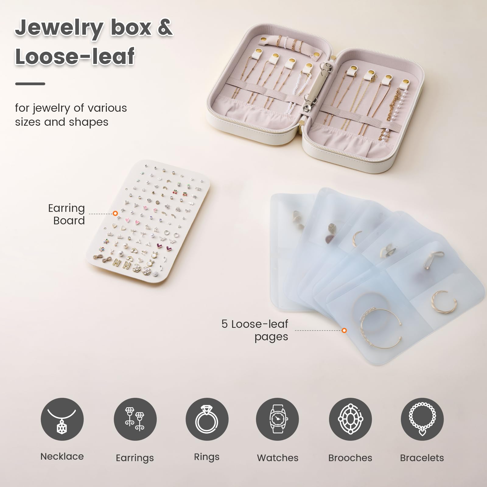 Lolalet Gioielli di Viaggio Organizzatore, Cassa di Stoccaggio Gioielli con Tasca, Orecchini Collane Braccialetti Anello Sacchetto di Stoccaggio con Cerniera per le Donne -Bianco