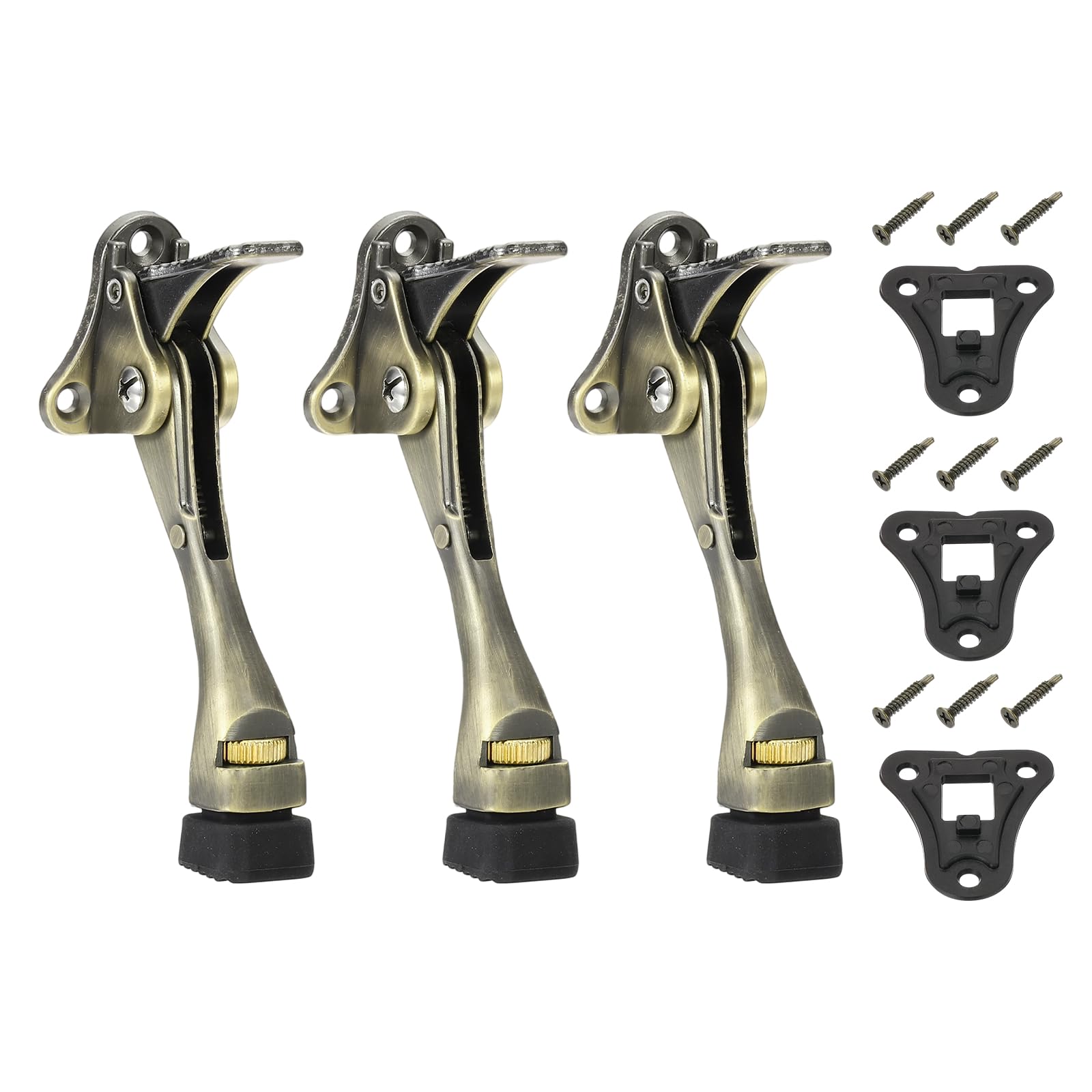 sourcing map 3 Set Kickdown Door Stopper, 4.7" Zinc Alloy Kick Down Door Stoppers for Bottom of Doors One Touch Adjustable Doors Holder with Non-Slip Rubber Tip and Screws for Home, Brass โ image 1