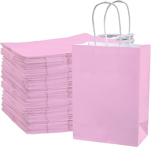 Ecoptimize Bolsas de papel kraft con asas, 120 unidades de 5.9 x 3 x 8 pulgadas, color rosa, bolsas de regalo ecológicas, compostables y reciclables