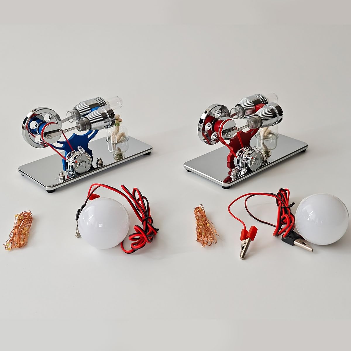 γ-Type Stirling Engine Generator Kit, Hot Air Engine Model with LED String Lights, Metal Science Experiment Device, Educational Physics Desk Toy Gift for Adults (Red)