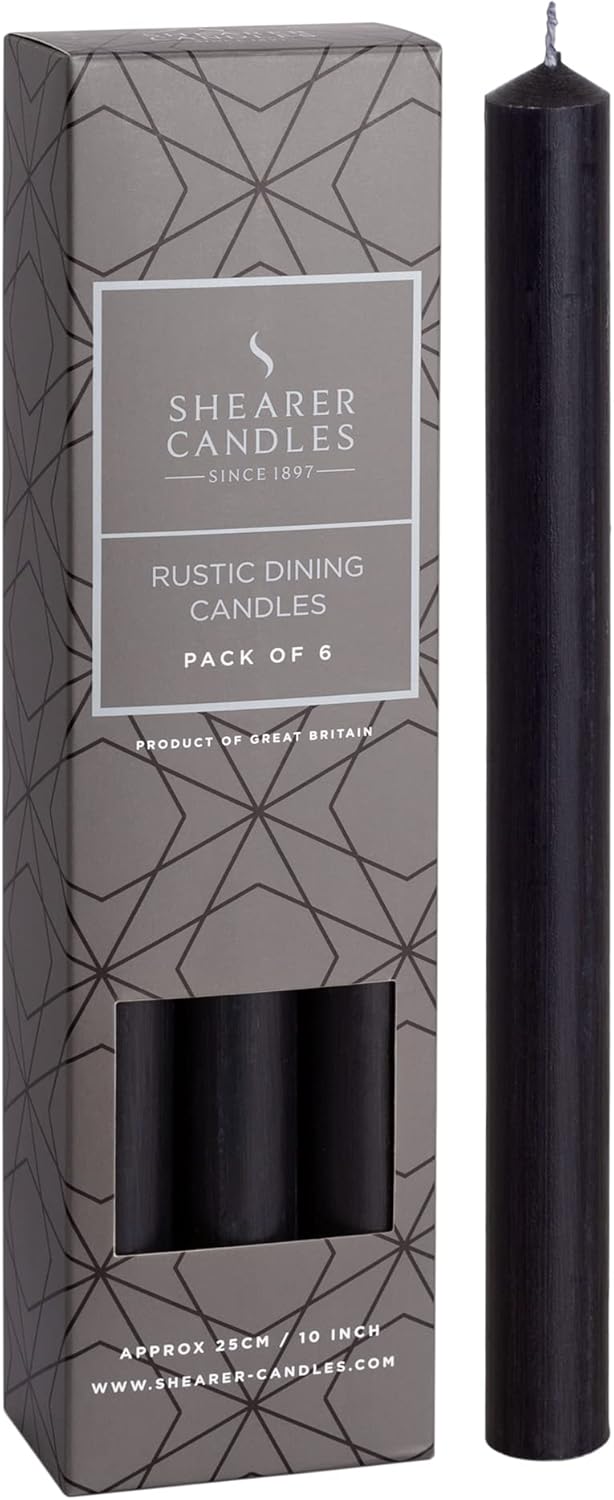 Shearer Candles Black - Dinner Candles - 10 inch - Unscented Dripless Dinner Candles - 11 Hour Burn Time - 6 Pack