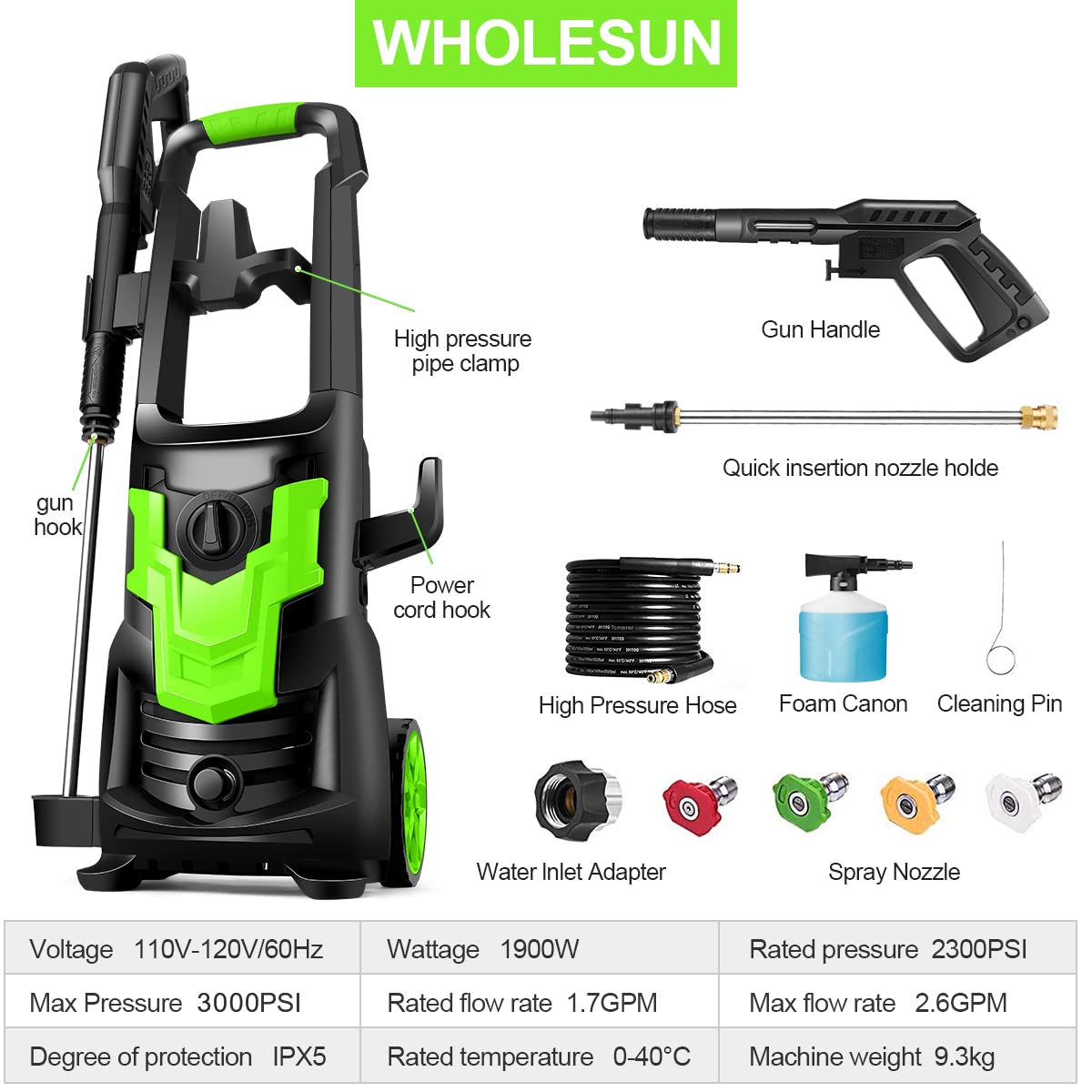 Buy WHOLESUN Pressure Washer, 3000PSI Electric Power Washer, 1900W 2.6