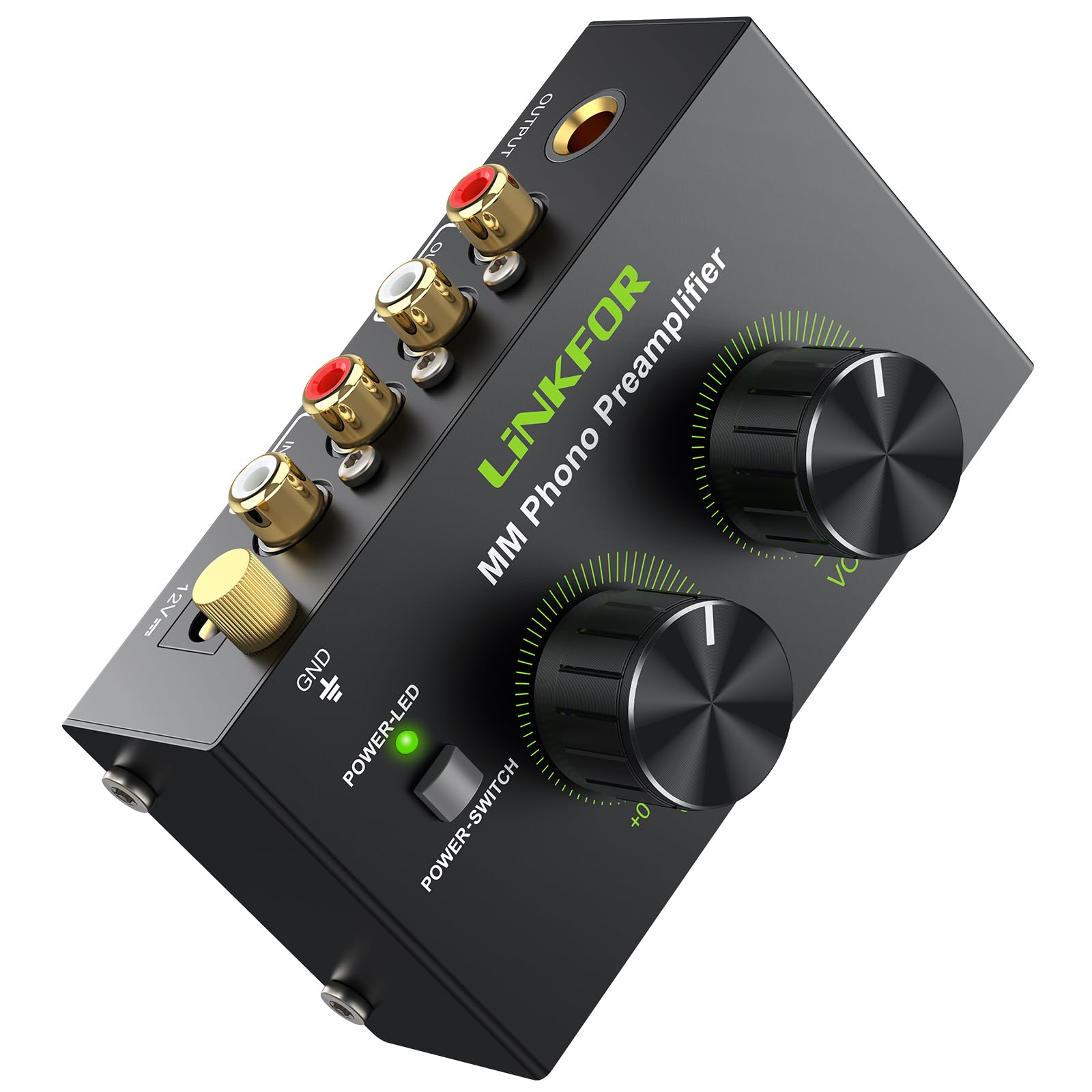 LiNKFOR Phono-Vorverstärker Phonograph-Vorverstärker Ultra-Kompakter Vorverstärker mit Netzschalter Lautstärkeregler Cinch Eingang/Ausgang 1/4'' TRS-Ausgang DC 12V für Plattenspieler mit MM-Abtast