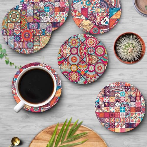 Image of Coaster for Drinks Set of 6, Vintage Ottoman Flower Mexican Mandala Table Absorbent Round Wood Stone Mat, with Cork Base and Metal Holder, Gift for Housewarming Room Bar Decor