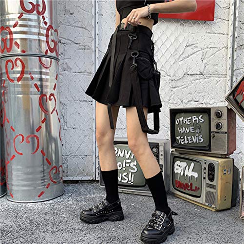 MAOSUO Minissaia cargo feminina gótica punk com fivela de cintura alta, bolso com zíper, plissada, m