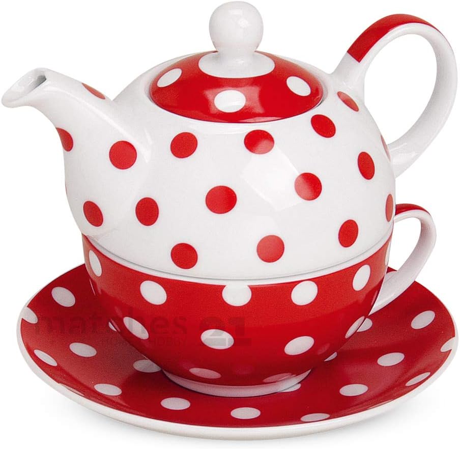 matches21 Tea for One Set - Teapot with Cup and Saucer, Red Dots, 15 x 14 cm, in Gift Box, Porcelain