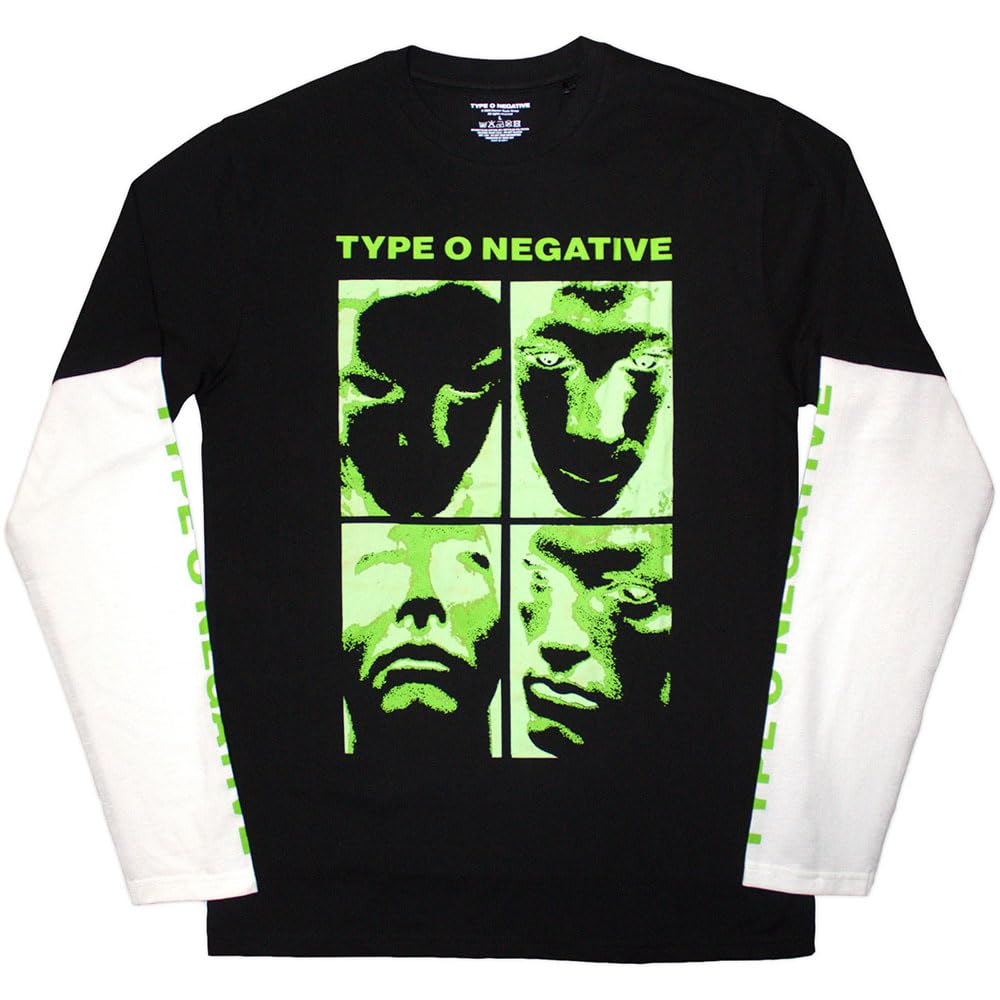 Rock Off Black/White Type O Negative - Faces - Layered Long Sleeve T-Shirt (Sleeve Print) - Cotton - Size Xl - Officially Licensed Merch