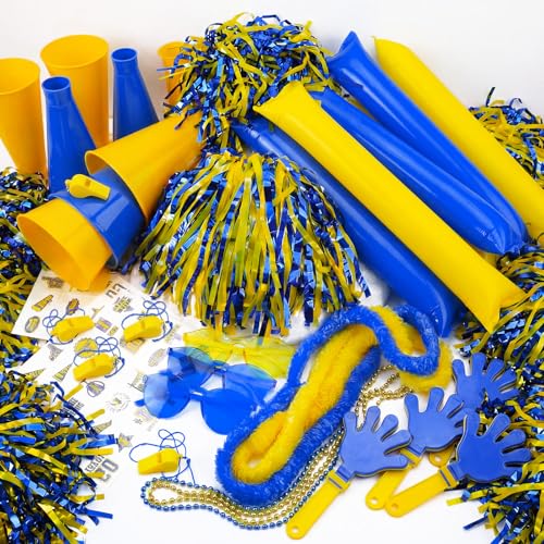 Soulchen 360 Pcs Yellow and Blue Team Spirit Accessories Bulk Field Day Accessories Pep Rally Color War Camp Spirit Events Party Items Cheerleading Pom Poms Clappers Thunder Stick Whistle Megaphone