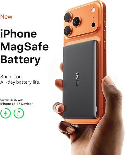 Vista 2 de TORRAS MiniMag Power Bank, cargador portátil inalámbrico ultra delgado de 5,000 mAh con cable USB-C, batería magnética de carga rápida para iPhone