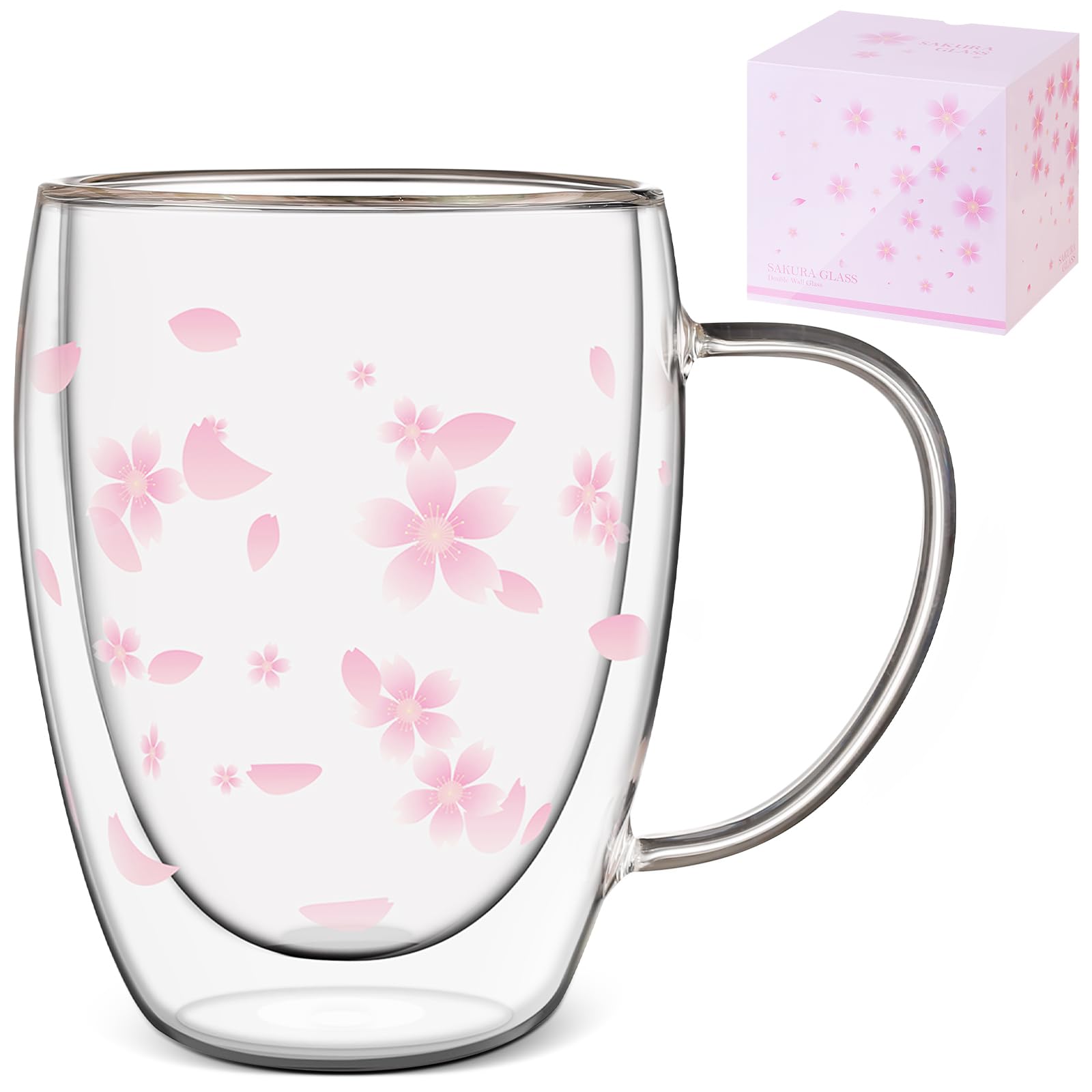 Double Wall Glass Mug Sakura Cherry Blossom 12oz With Handle Dishwasher Safe