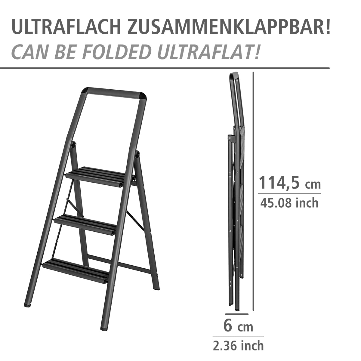 WENKO Leichte Aluminium Leiter Compact, 66 cm höher, Klapp-Trittleiter, 3 rutschsichere Stufen, Sicherheitsbügel & Haltegriff, 48 x 114,5 x 6 cm, Dunkelgrau