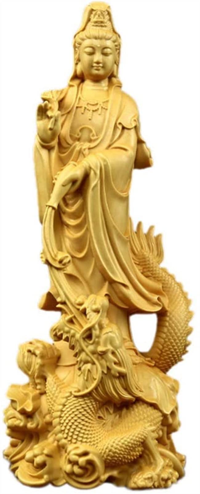 SBCGFY Feng Shui Statue,Statue Figurine Quan Yin Avalokite?Vara Meditating Buddha Kuan Yin On Dragon Sculpture Boxwood Ornament Decoration Gift,Wood Blessing Gift