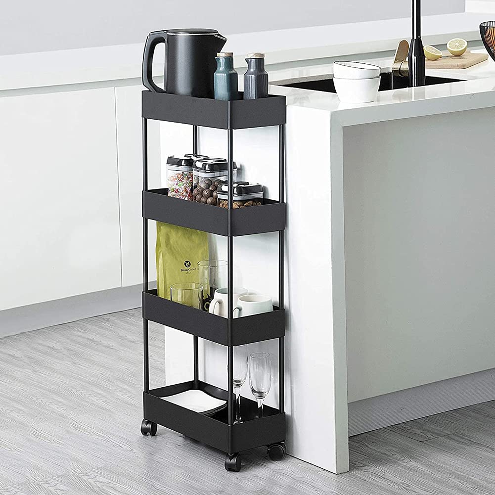 VickyHome Rollwagen 4-stöckig - Schmalregal Mit 11 Haken Für Küche & Bad