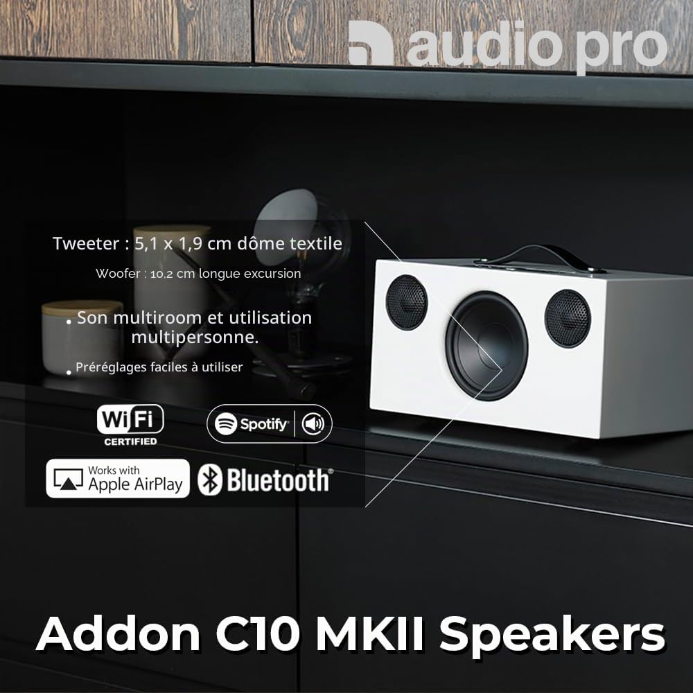 Audio Pro C10 MkII - Enceinte Portable Multiroom avec Bluetooth - Smart Speaker sans Fil avec Contrôle par Application & Spotify, AirPlay & Chromecast - Blanc