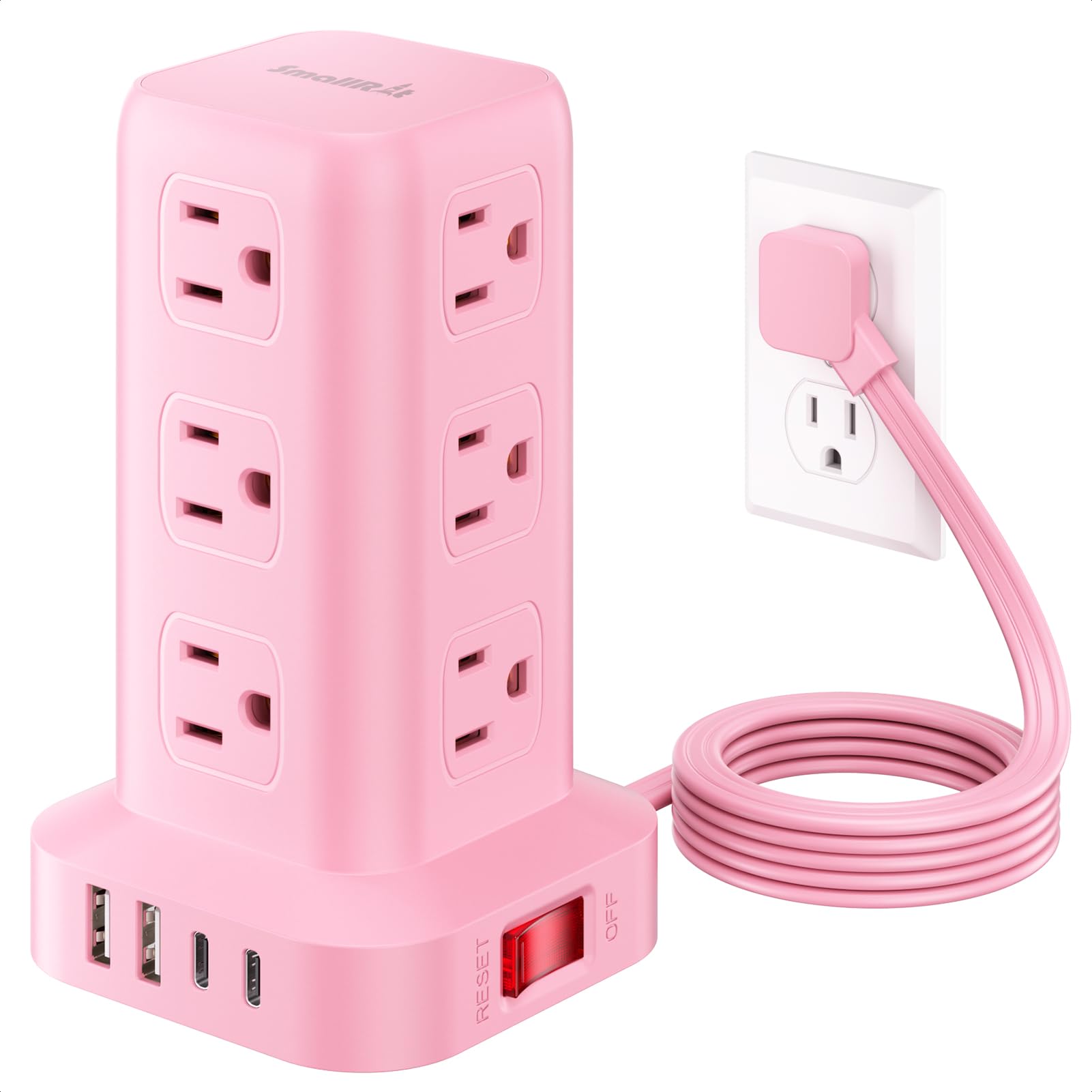 Extension Cord with Multiple Outlets, SMALLRT Power Strip Tower, Outlet Extender with 12 AC Outlets 4 USB, 6.5FT Extension Cord for Home Dorm Room, Office Supplies, Pink