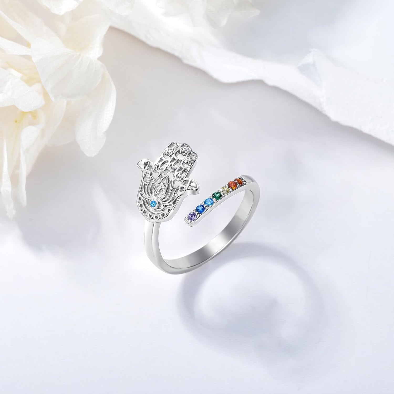 Hamsa Chakra Rings 925 Sterling Silver Hamsa Hand Chakra Adjustable Open Ring Hand of Fatima Jewelry Christmas Gifts for Women - Image 2