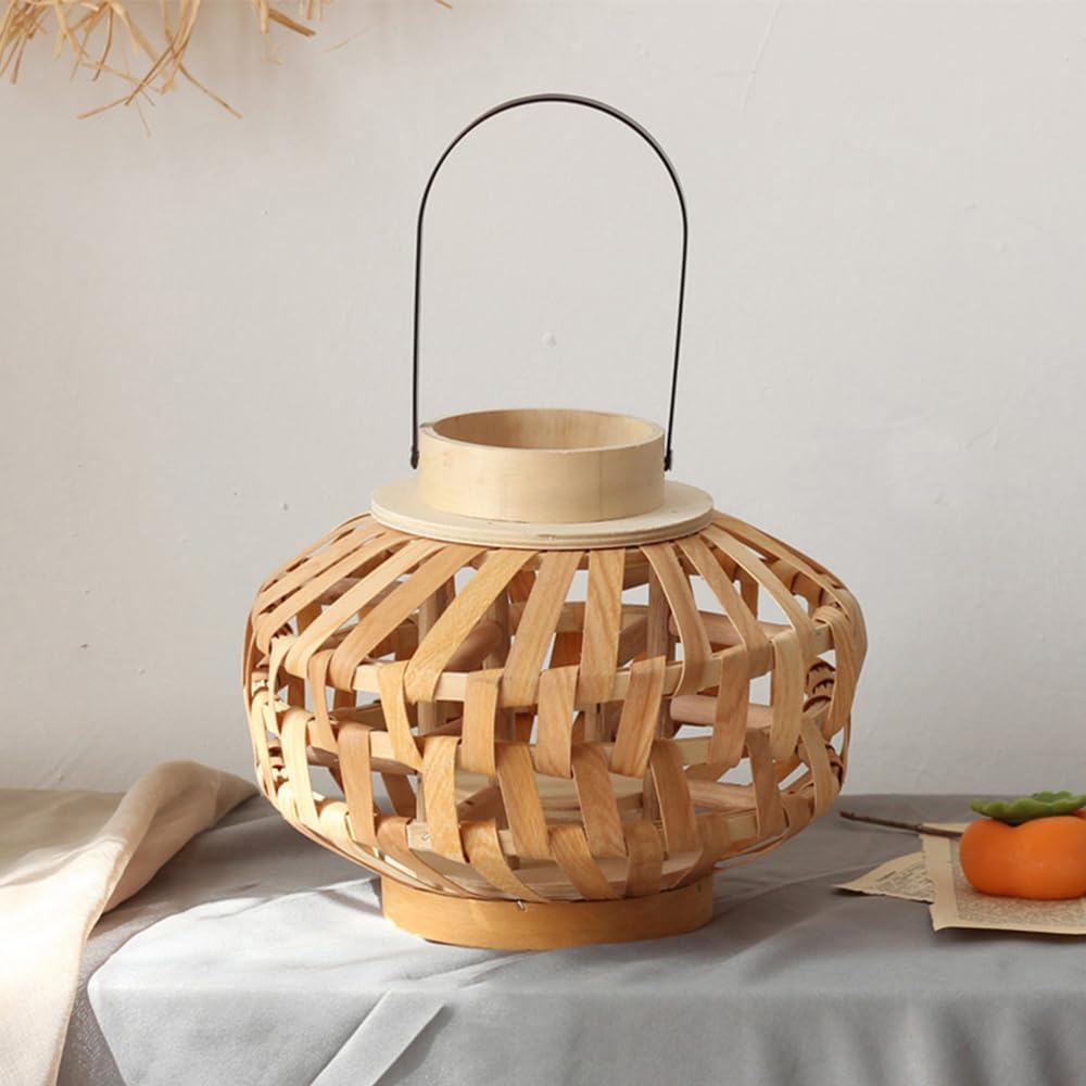 Bamboo Woven Handmade Decorative Candle Lantern with Metal Handle 15.9" Tall (L)