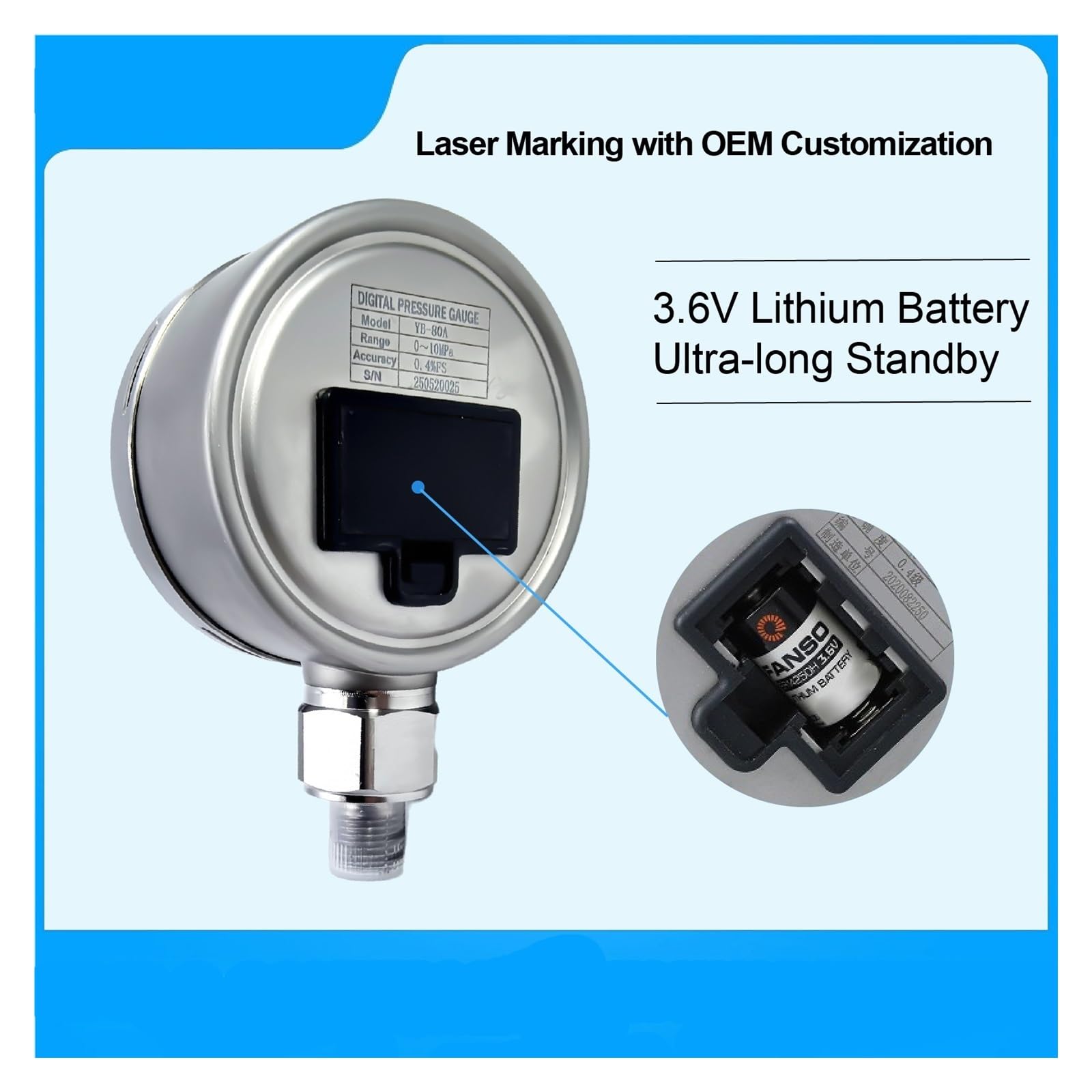 Manómetro Digital de presión YB80A, manómetro vacío precisión, Pantalla Alta, Sensor Acero Inoxidable Alimentado por batería(NPT1-4,0-1.6MPA)