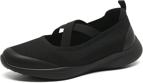 HONHOLD Women's Slip On Walking Shoes Knit Cross Belt Low-Wedge Dressy Ballet Flats Comfortable Sneakers