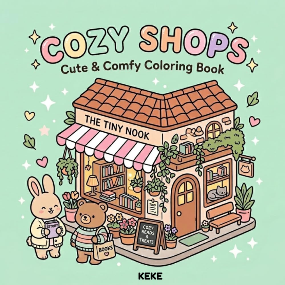 Cozy Shops Coloring Book: 50 Cute & Relaxing Storefront Designs for Adults and Teens – Kawaii Cafés, Bookstores, Bakeries, Flower Shops & Cozy Places to Color