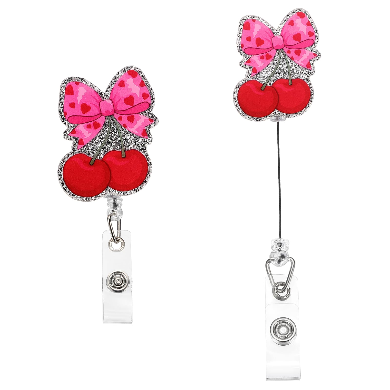 PATIKIL Bow Badge Reel, 2 Pcs Acrylic Bow Badge Holder 1.61"x2.05" ID Name Holder Reels Accessories with Retractable Cord & Alligator Clip for Office Worker Teacher, Silver Red-Pink