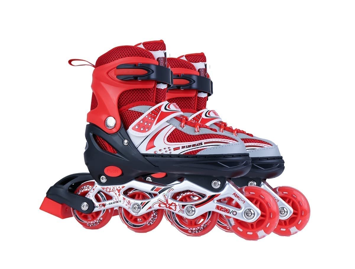 COUCHLY® 4 Wheel Inline Adjustable Roller Skates for Boys Kids & Girls, 7 to 14 Years Unisex Outdoor Skating Shoes Roller Blades with Led Flash Lights Featuring Wheels for Skating (Red) 80