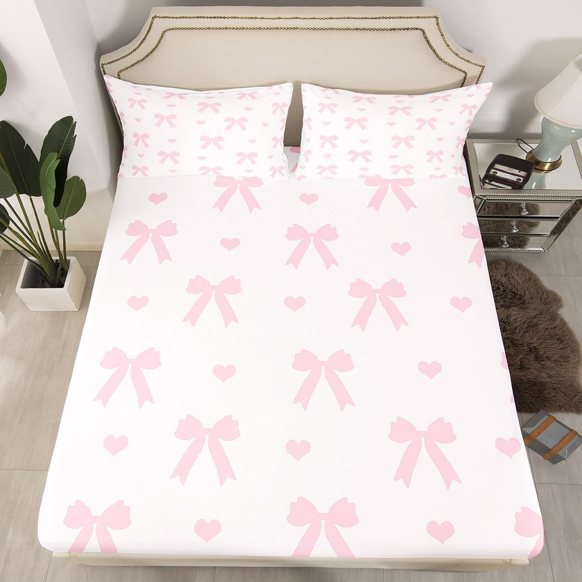 Pink Bowknot Bed Sheet Set Princess Style Bow Dreamy Bow-tie Sheet Sets Deep Pocket(No Flat Sheet),Cute Love Hearts Romantic Valentine's Day Mattress Cover,Single with 1 Pillowcase