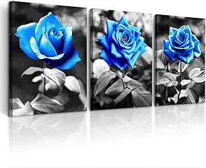 DZRWUBHS Large Wall Art For Living Room Wall Decor For Kitchen Black And White Canvas Prints Pictures Artwork Blue Rose Flowers Wall Paintings Modern Office Bedroom Room Home Decorations 3 Pieces