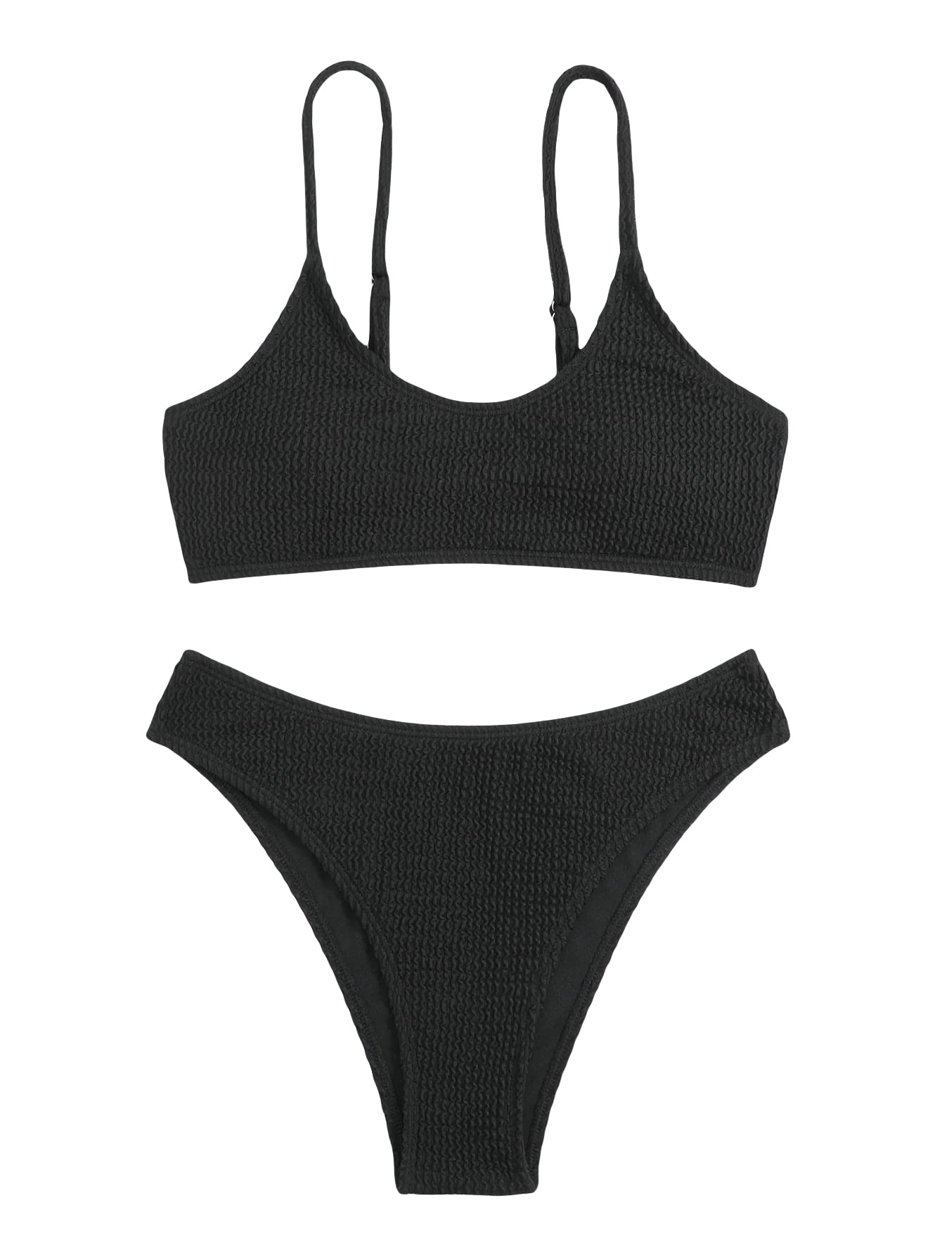 SOLY HUX Bikini Sets for Women Solid Textured Bikini Bathing Suits 2 Piece Swimsuit Solid Black S