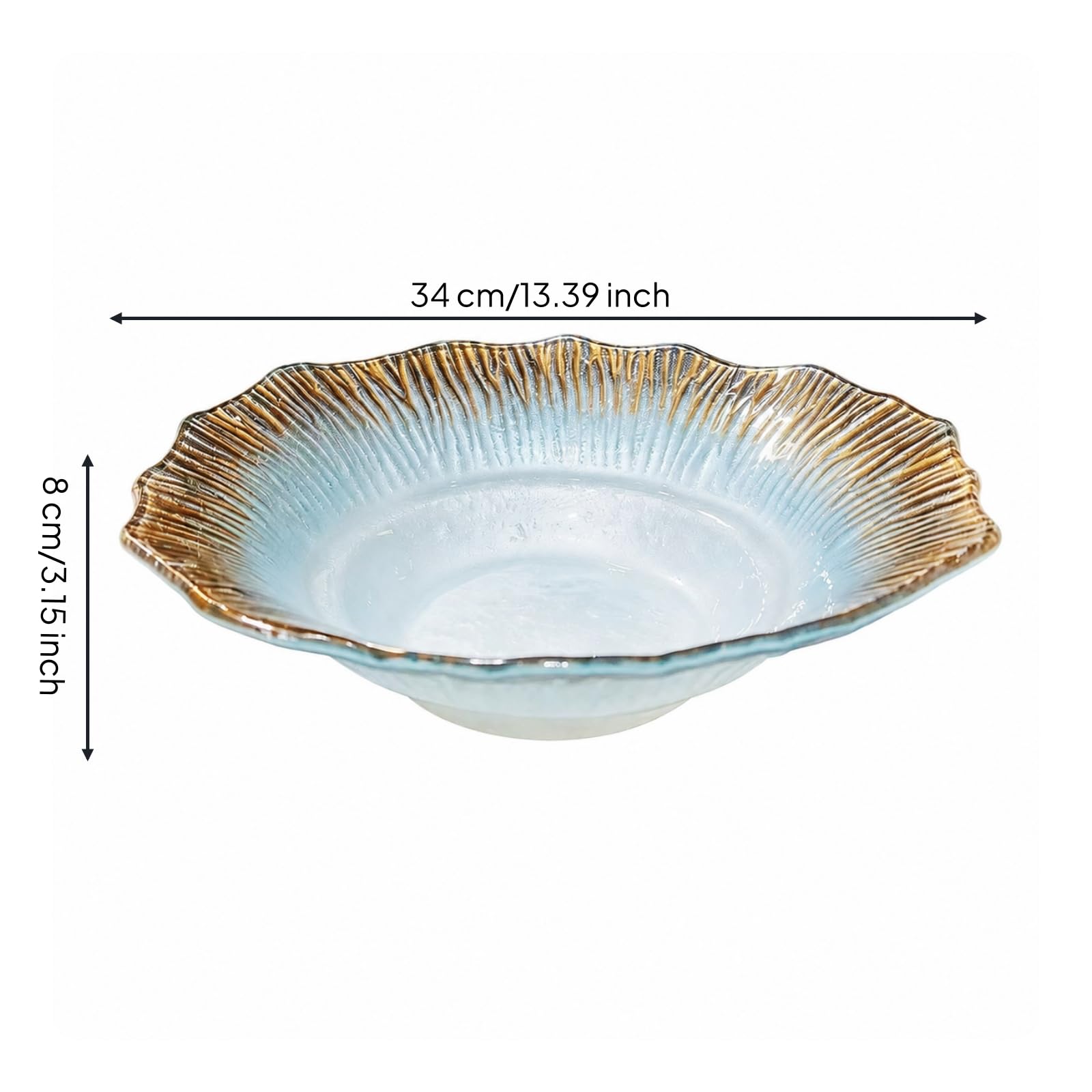 Plat en Verre avec Bord Doré Robuste, Bord Doré, Dégradé Bleu, Modèle 1 Petit Format, Petit Format — Diamètre 34 Cm, Hauteur 8 Cm