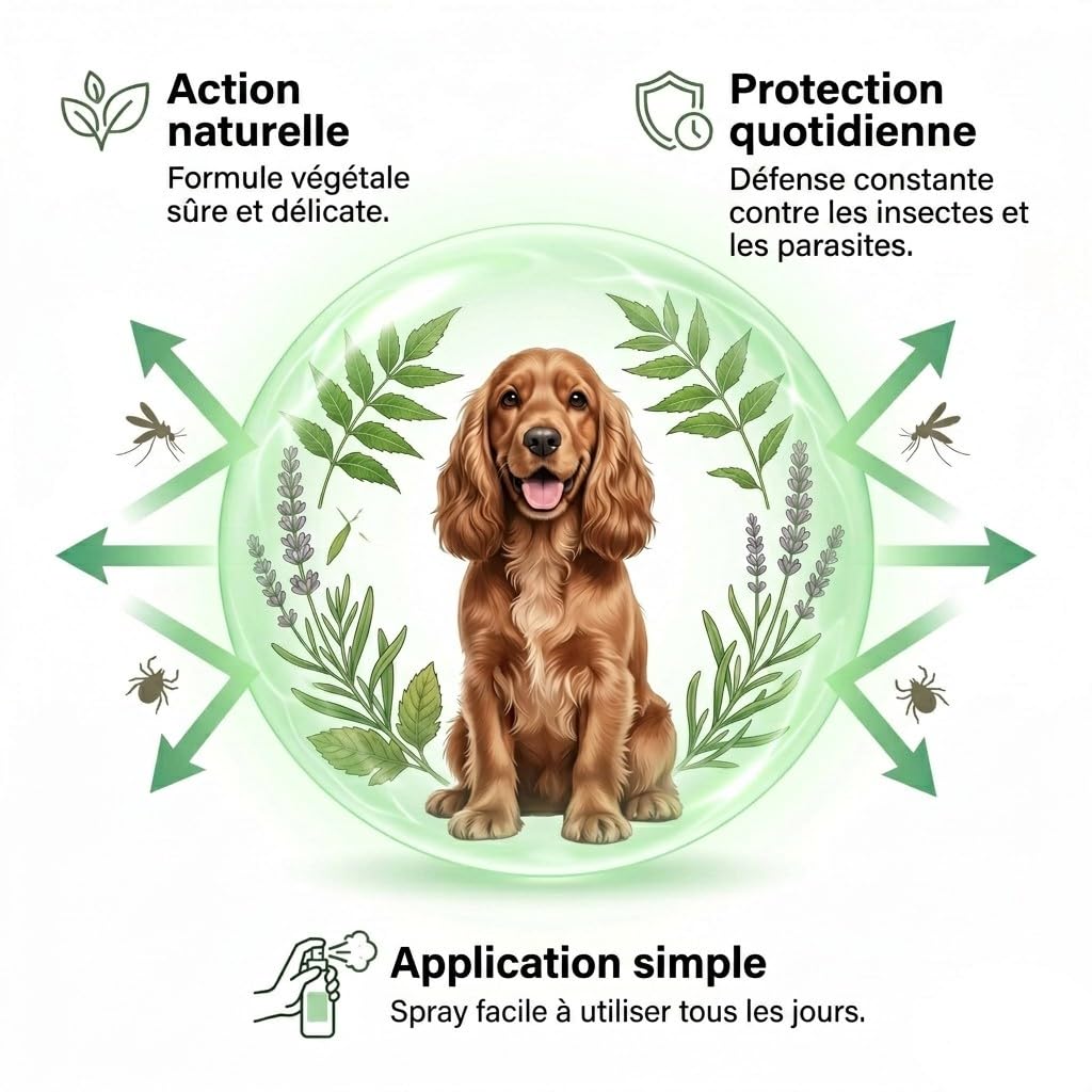 Ecopets Defender Pesticide Naturel pour Chiens à l'Huile de Neem - Protection contre les Puces, Tiques, Moustiques et Mouches - Doux pour une Utilisation Quotidienne avec des Huiles Essentielles et