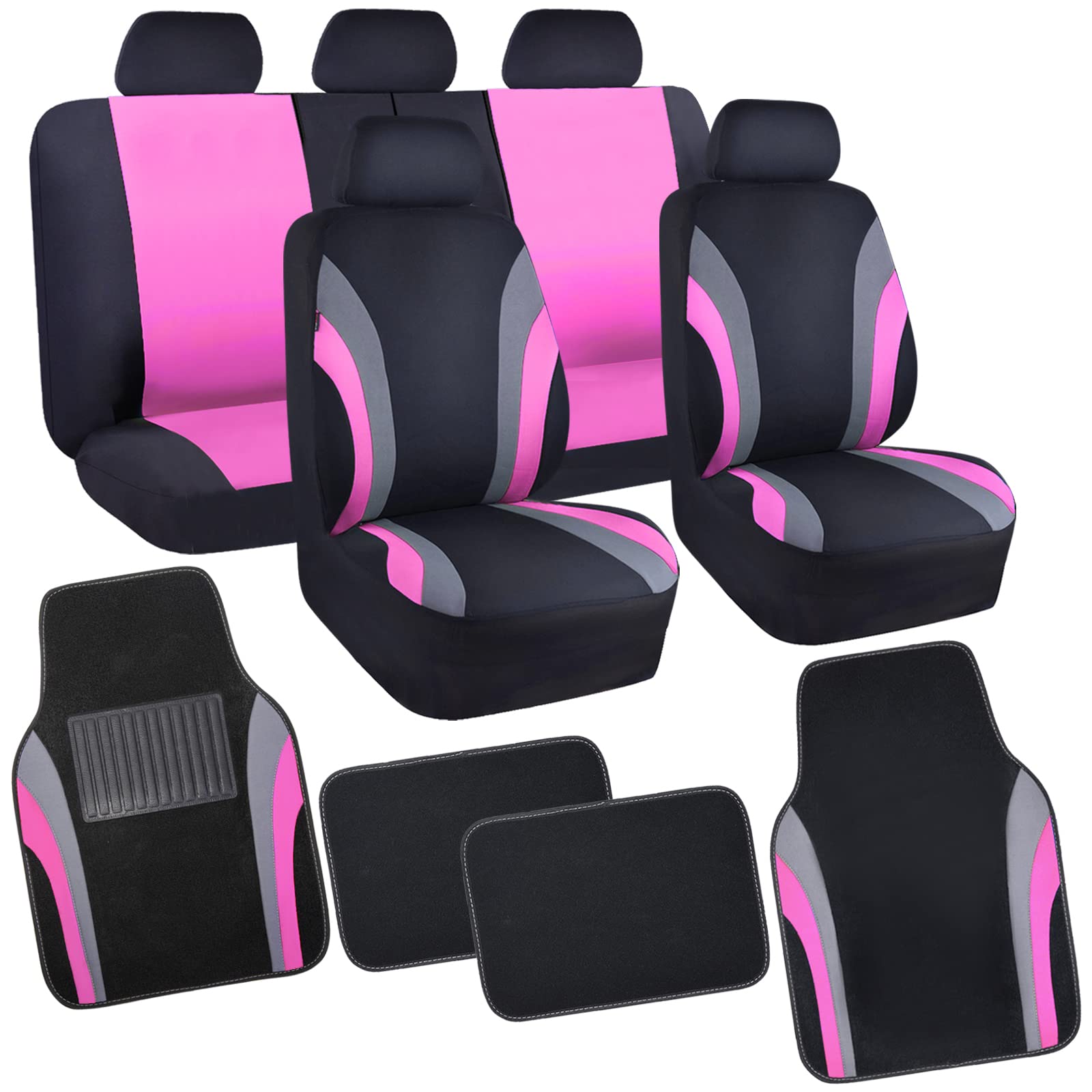 CAR PASS Line Rider Sporty Car Seat Covers Full Set with 4Pcs Waterproof Car Floor Mats Universal Fit Airbag Compatible Automotive Interior Covers for Trucks,Vans,SUV (Combo Set, Black & Pink)