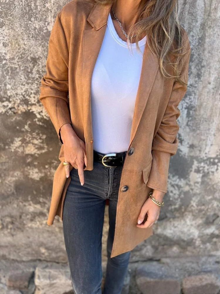 Générique Blouson aviateur décontracté en Imitation Daim à Revers pour Femme, Cardigan mi-Long à Manches Longues et 2 Boutons, Automne 2025