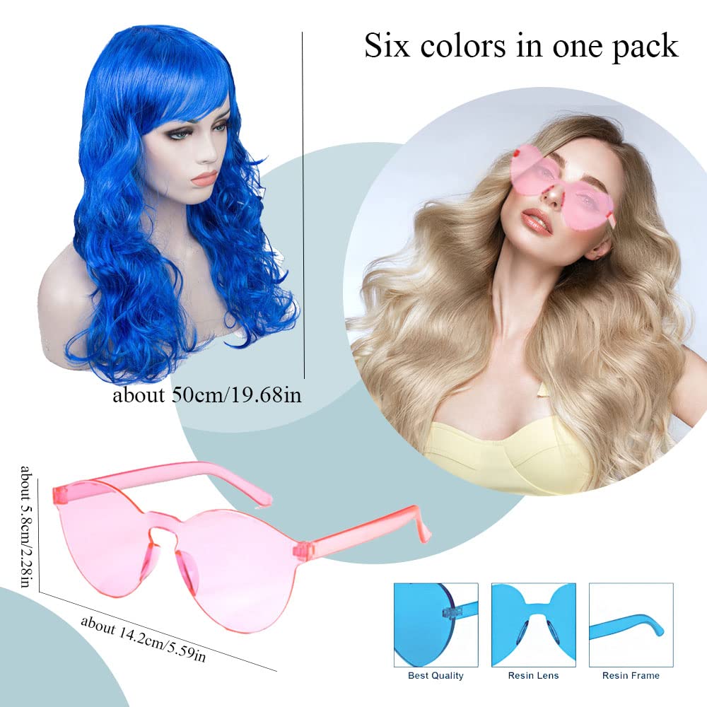 DIYI Long Colorful Wavy Party Wigs 6-Pack with Neon Glasses