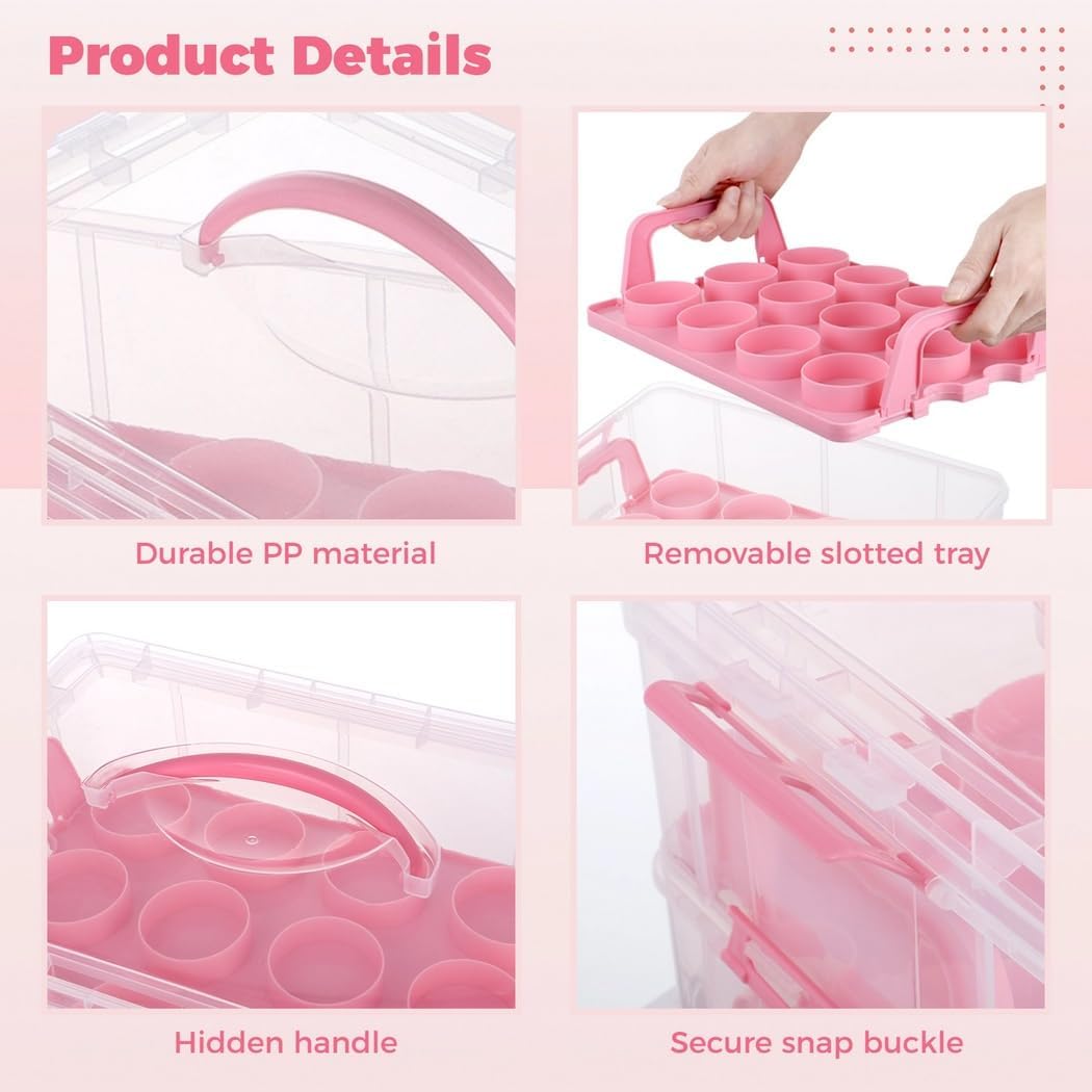 2-Tier Cupcake Carrier with Handle, Stackable 24-Cupcake Holder, Clear Plastic Storage Container with Lid & Secure Snaps