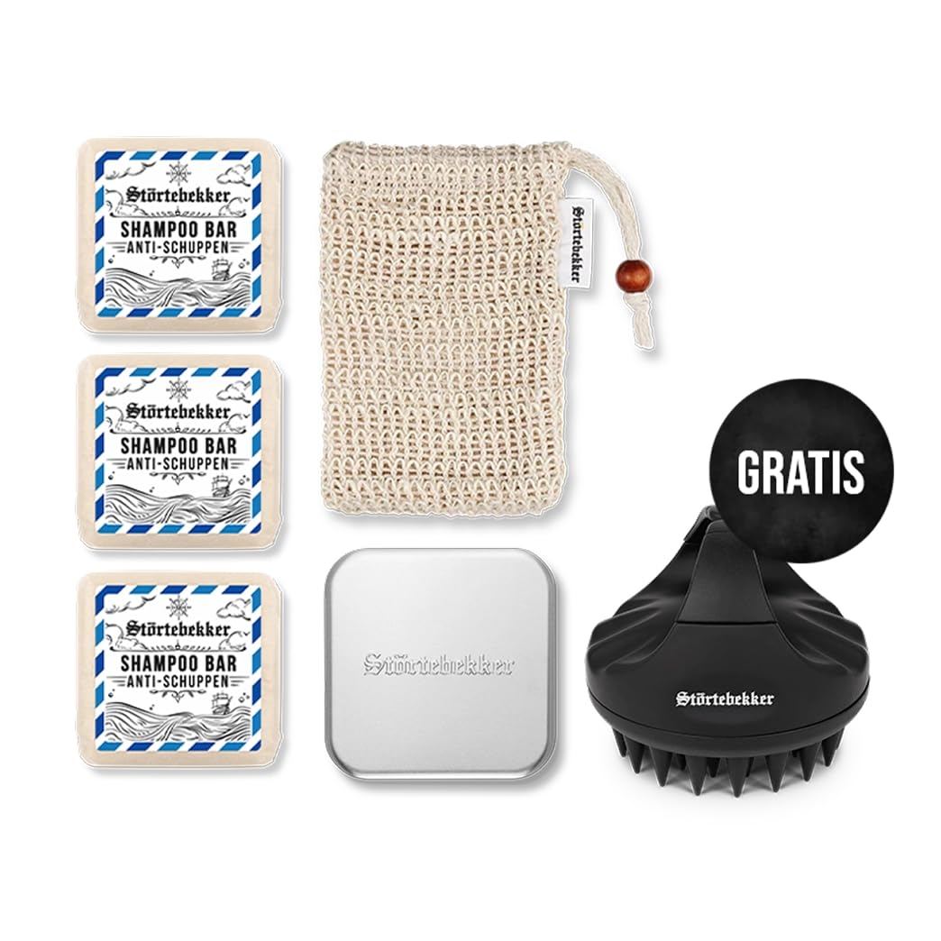 Störtebekker® Premium Duschset - Festes Shampoo Anti-Schuppen (x3), Sisalsäckchen, Seifendose Aluminium + GRATIS Scalp Brush - Shampoo Set für Haare & Kopfhaut - Handgefertigt