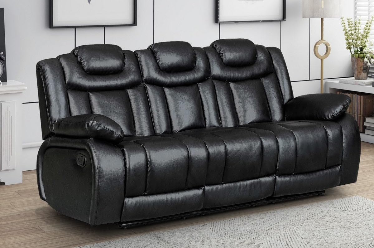 Lovesofas Luxury Durable PU Faux Leather Black 3 Seater Recliner Sofa with Drop-Down Table 2x Cup Holders, Electric Sockets & USB Ports - Easy Manual Lever Non-Peeling Living Room Lazy Boy Couch