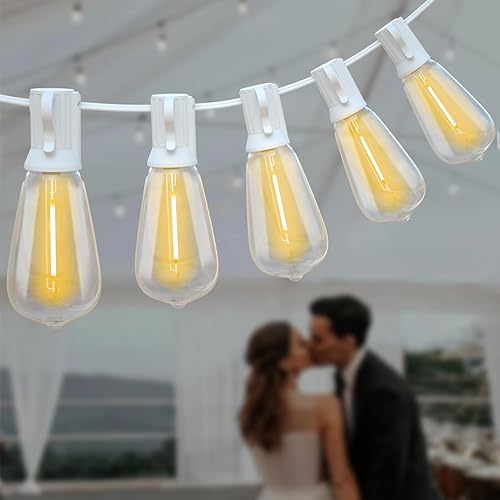Achin Outdoor String Lights White 100Ft LED Patio Lights Outdoor Waterproof with 50+2 Shatterproof ST38 Bulbs 2200K Dimmable String Lights for Outside Backyard Party Wedding, White Wire