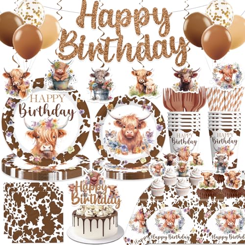 image for Yingoto 197pcs Brown Cow Birthday Decorations Include Tableware Set, B
