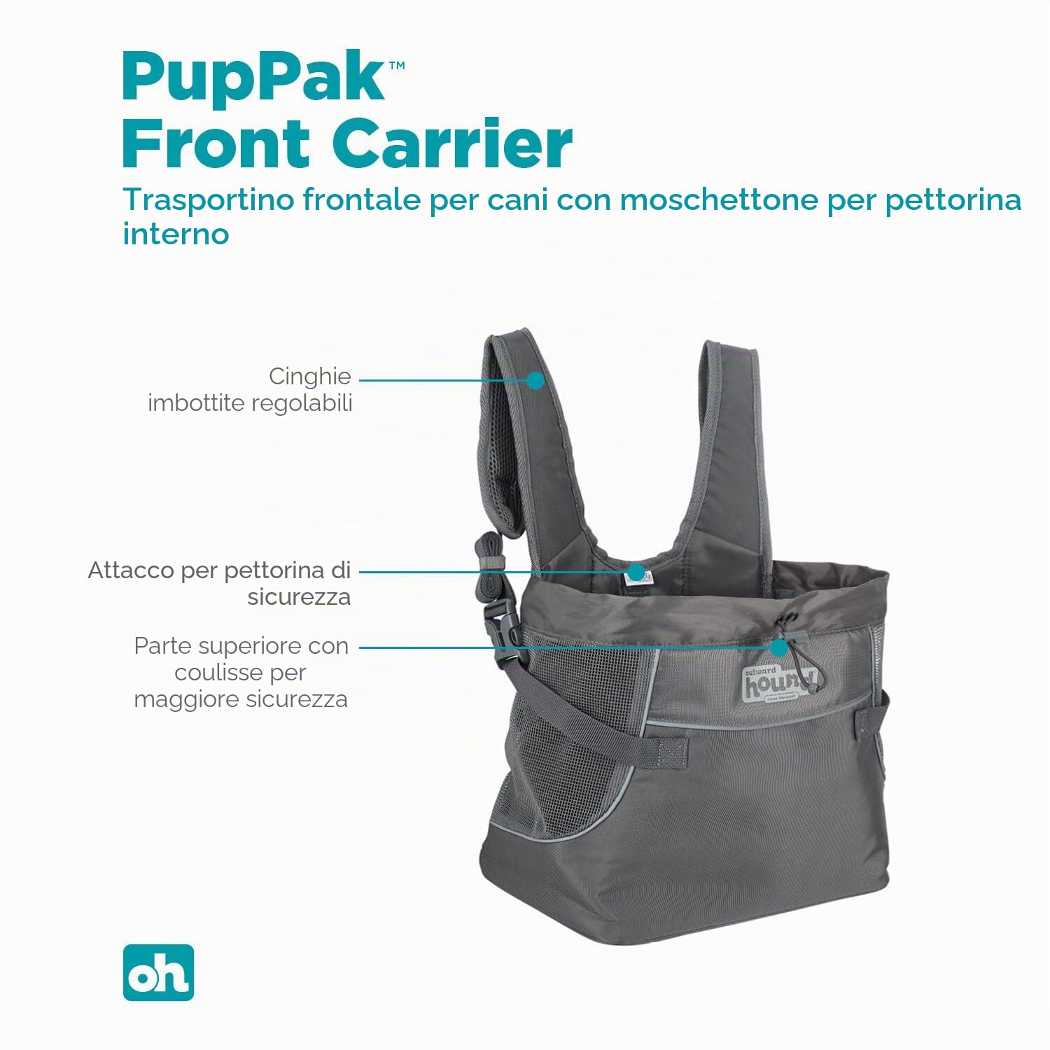 Outward Hound PupPak - Zaino per cani, frontale, con cinghie imbottite, rete traspirante, impermeabile, clip di sicurezza, per piccoli animali domestici fino a 4,5 kg, taglia S, grigio