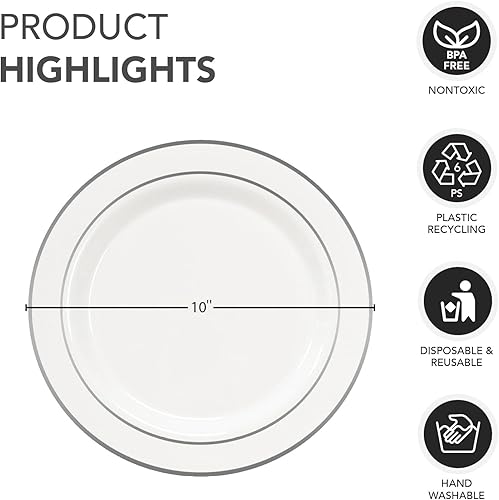 Miniatura 8 de Party Essentials 12 platos desechables de plástico duro de 9 pulgadas, platos de almuerzocena, color blanco con banda plateada