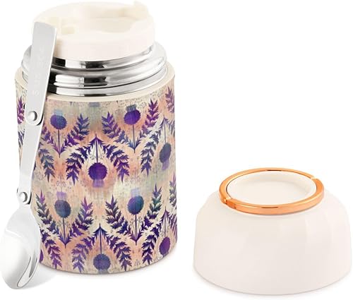 Purple Peach Floral Food Jar with Spoon Stainless Steel Vacuum Insulated Food Container 17 oz Food Flask for Hot Food