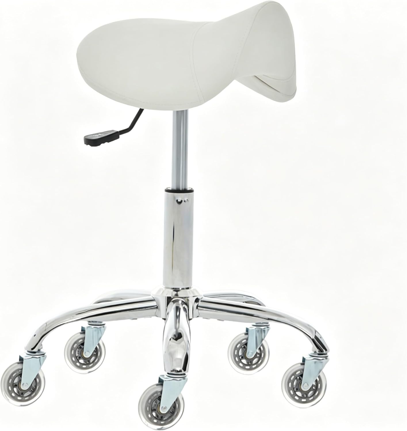 E-Ser Saddle Stool Ergonomic Rolling Chair, PU Leather Seat with Adjustable Height Stool, Heavy Duty Metal Base for Salon, Clinic, Massage, Office, White