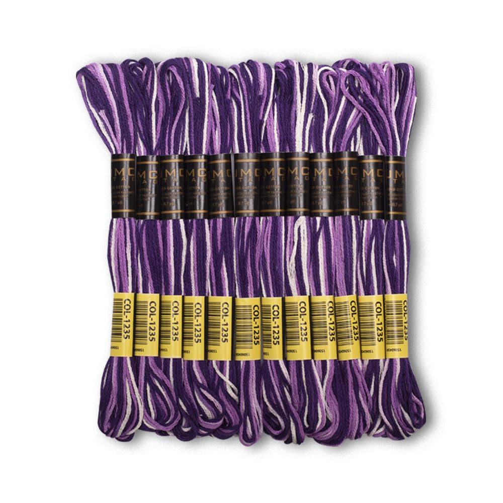 Pack of 12 Premium Embroidery Thread | 100% Egyptian Cotton Premium Skeins | Cross Stitch Embroidery Floss | Oeko TEX Certified | Ideal for Arts &amp; Crafts (Dark Purple Variegated 1235)