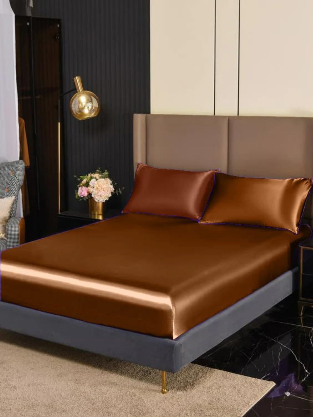 FabricFactory Juego de sábanas de satén modal color marrón, tamaño California King (183 x 213 cm)