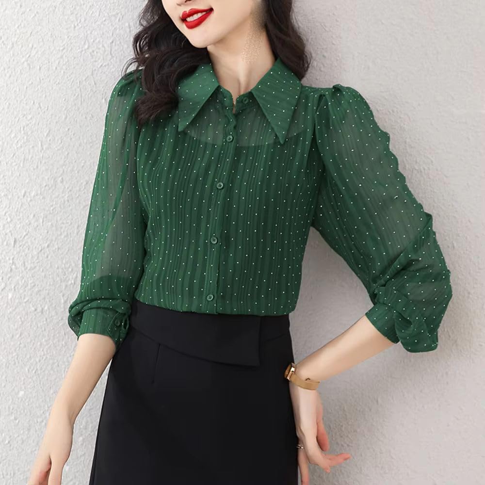 Women's Thin Mesh Shirt Casual Spring Summer Loose Clothes Female Polka Dots Top Long Sleeve Blouse