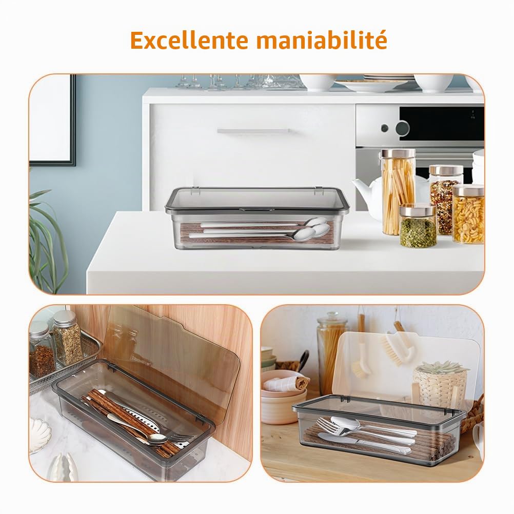 Organisateur De Couverts Multifonction Avec 4 Compartiments Et Couvercle Boîte De Rangement Pour Ustensiles Cuisine Cuillères Fourchettes Baguettes 11.02X5.12X5.51 Pouces