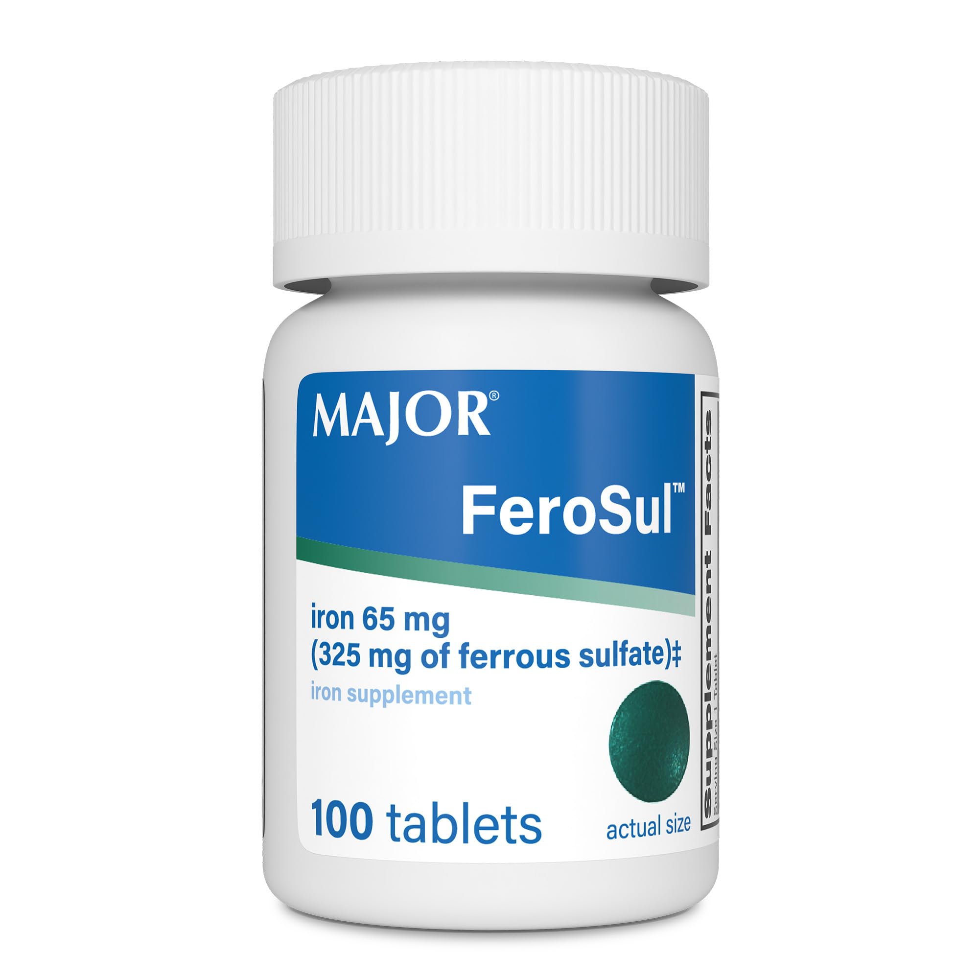 Major Ferosul - Ferrous Sulfate 325mg Tablets with 65mg of Elemental Iron - Iron Supplement for Women, Men - Green - 100 Count Unflavored 100 Count (Pack of 1)