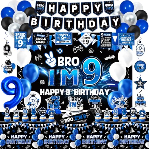 Mpanwen 9th Birthday Decorations for Boys Blue Black Bro Im 9 Year Old Party Supplies Decor for Boy 9th Birthday - Backdrop Banner Balloons Tablecloth Centerpieces Hanging Swirls Wall Signs
